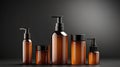 Mock up Realistic Glossy Amber Transparent Glass Cosmetic Soap, Shampoo, Cream, Oil Dropper and Spray Bottles Set With Black Cap Royalty Free Stock Photo