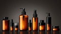 Mock up Realistic Glossy Amber Transparent Glass Cosmetic Soap, Shampoo, Cream, Oil Dropper and Spray Bottles Set With Black Cap Royalty Free Stock Photo