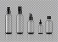 Mock up Realistic Glossy Transparent Glass Cosmetic Soap, Shampoo, Cream, Oil Dropper and Spray Bottles Set With Black Cap