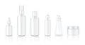 Mock up Realistic Glossy White Cosmetic Soap, Shampoo, Cream, Oil Dropper and Spray Bottles Set for Skincare Product Background