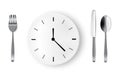 Mock up Realistic Time To Eat With Clock, White Plate or Dish, Metal Spoon Fork and Knife on Dining Table for food isolated Royalty Free Stock Photo