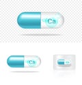 Mock up Realistic Transparent Pill Calcium Medicine Capsule Panel on White Background Vector Illustration. Tablets Medical and