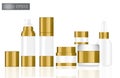 Mock up Realistic White and Gold Vector Bottles Set Background Illustration. Packaging Concept.