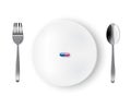 Mock up Realistic White Plate or Dish, Metal Spoon and Fork on Dining Table with Medicine Drug or Pill Capsule Background Illustr