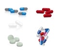 Mock up Realistic White, red, Blue and Gray Capsules Pills Medicine on White Background Vector Illustration. Tablets Medical Royalty Free Stock Photo