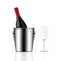 Mock up Realistic Wine Bottle, Ice Bucket and Glass on White Background Illustration Royalty Free Stock Photo