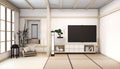 Room interior japanese style with cabinet on room floor tatami mat wooden room design minimal decoration baboo plants.3D rendering