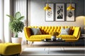 Mock up room in modern style with armchair,cabinet and yellow wall background.3d rendering