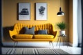 Mock up room in modern style with armchair,cabinet and yellow wall background.3d rendering