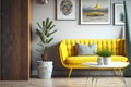 Mock up room in modern style with armchair,cabinet and yellow wall background.3d rendering