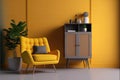 Mock up room in modern style with armchair,cabinet and yellow wall background.3d rendering