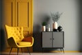 Mock up room in modern style with armchair,cabinet and yellow wall background.3d rendering