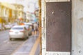 Mock up of rusty metal vintage shop sign board with blank space, classic style outdoor sign to add company logo. Hanging on vintag Royalty Free Stock Photo