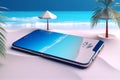 mock up sand palm sea phone summer holiday concept cyber creative. Generative AI.