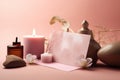 A mock-up of a spa gift card with a soft pink background. Spa still life concept Royalty Free Stock Photo