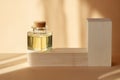 Mock-up of square glass bubble with essential oil in rays of sunlight on wooden stands. Close-up, beige background