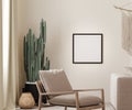 Mock up square poster frame in boho interior background with beige wall, armchair and cactus, 3D render illustration Royalty Free Stock Photo