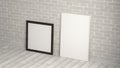 Mock up of square and vertical black and white frames on the floor with white brick wall Royalty Free Stock Photo