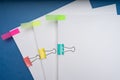 Mock up, stack of papers documents in archives files with paper clips on desk at offices, business concept. Copy space