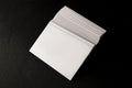 A mock-up of a stack of white business cards on a black background