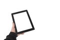 Mock-up technology . The guy is holding a tablet with a white screen on a light background