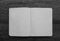 mock up template. Open notebook on wooden table. Lined paper background. Top view Minimal design of open Notebook memo on wooden
