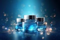 Mock-up of three jars of beauty products with silver shiny lids with blue cream with sequins