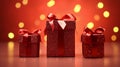 Mock up of three red glitter gift boxes wiht red ribbon isolated on red background with bokeh, online shopping.