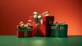 Mock up of three red and green gift boxes wiht gold ribbon isolated on red and green background, online shopping offer, New year