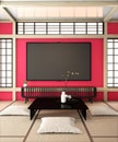 Mock up Tv room, smart tv on red wall zen room very japanese stye and tatami floor.3D rendering