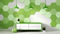 Tv shelf in modern empty room with plants on green hexagon tile background,3d rendering Royalty Free Stock Photo
