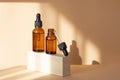 Mock-up of two glass dropper bottles, one with an open lid, stand on geometric 3d wooden podium in sunlight. Close-up