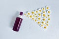 Mock-up of unbranded brown plastic spray bottle and chamomiles on a pastel gray background. Natural organic spa cosmetics