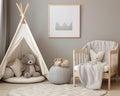 Mock up unpainted wooden frame in kids room, nursery