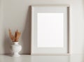 Mock up vertical frame close up in home interior background, with vase and dry flowers