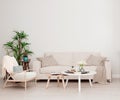 Mock up wall with beige white sofa, two tables and a chair in modern interior background, living room with large window