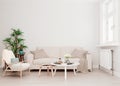 Mock up wall with beige white sofa, two tables and a chair in modern interior background, living room with large window