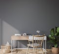 Mock up wall in bright farmhouse interior background, white wooden office on dark gray wall