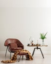 Mock up wall with brown leather chair and metal table in modern interior background, living room, moment for contemplation Royalty Free Stock Photo