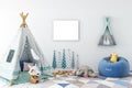 Mock up wall in child room interior. Interior scandinavian style. 3d rendering, 3d illustration