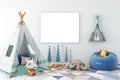 Mock up wall in child room interior. Interior scandinavian style. 3d rendering, 3d illustration