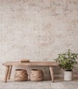 Mock up wall in home interior background, beige room with natural wooden furniture Royalty Free Stock Photo