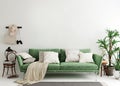 Mock up wall in olive green modern interior background, living room, Scandinavian style