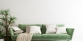 Mock up wall with an olive green sofa in modern interior background, living room, Scandinavian style, ultra wide close-up