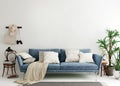 Mock up wall in steel blue modern interior background, living room, Scandinavian style