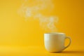 mock up a white mug with little smoke on yellow background, space for text Royalty Free Stock Photo