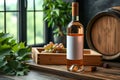 Mock-up of white wine bottle standing on a wooden table in the room