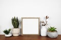 Mock up wood square frame with houseplants and branches on a wood shelf against a white wall