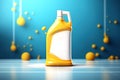 A mock-up of a yellow and white bottle with an empty label of room cleaning products. Generated by AI Royalty Free Stock Photo