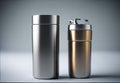 Mock-ups of a steel coffee bottle and a stainless thermos water bottle.